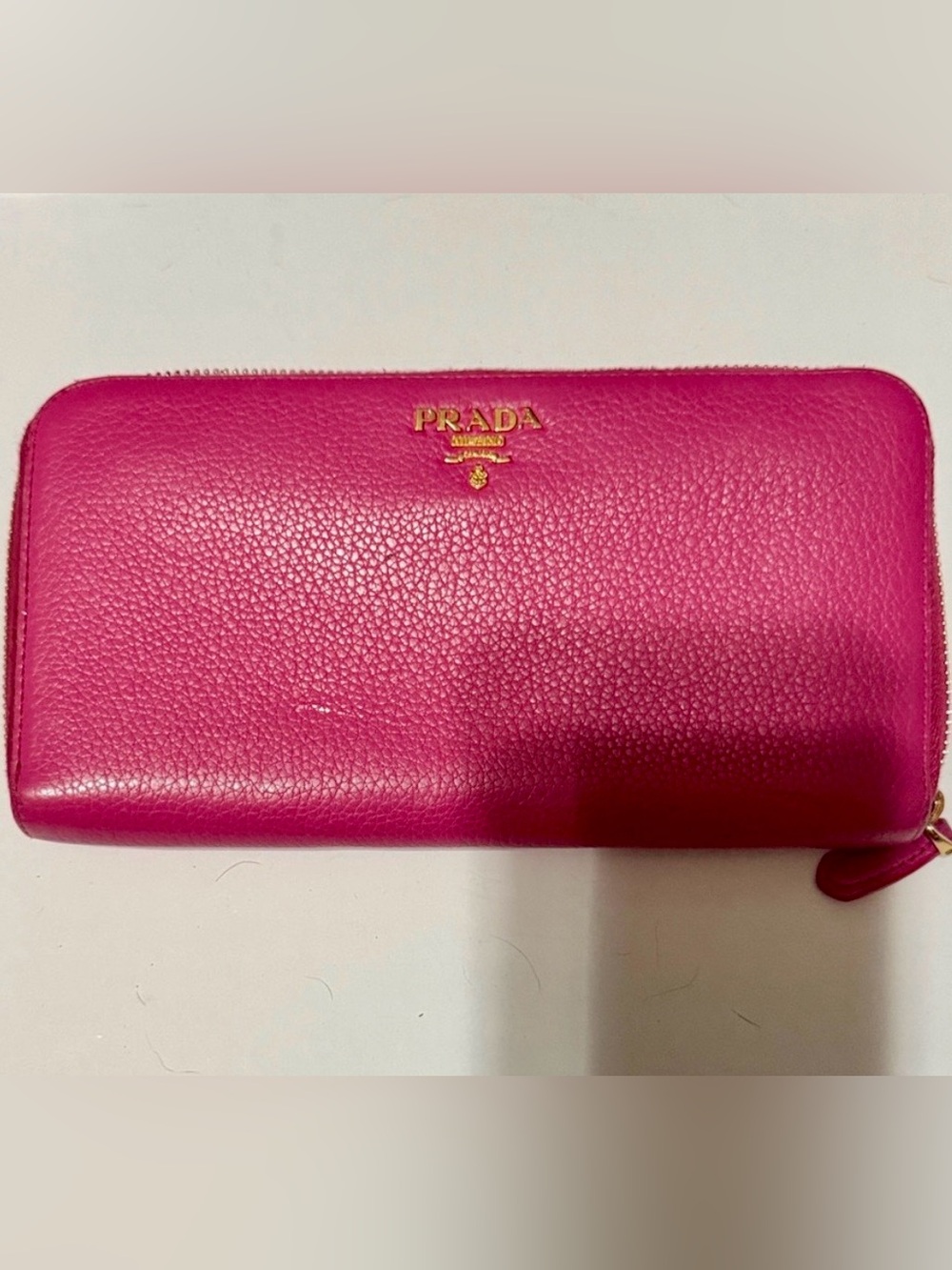 Prada Peonia Pink Saffiano Zip Wallet with Gold Logo and Hardware - EUC
